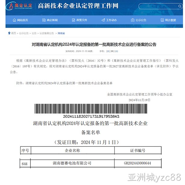 湖南亚洲城yzc88电池获评“国家高新技术企业”